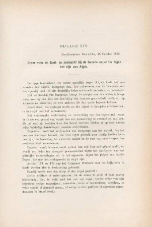 Bijlage XIV. Hoofdkwartier Batavia, 25 October 1873. Order voor de land- en zeemacht bij de tweede expeditie tegen het rijk van Atjeh