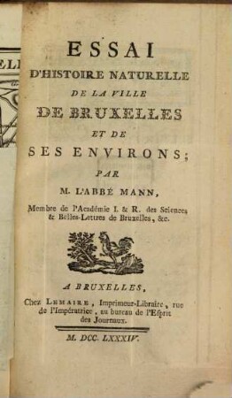 Essai d'histoire naturelle de la Ville de Bruxelles