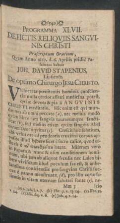 Programma XLVII. Defictis Reliquiis Sanguinis Christi