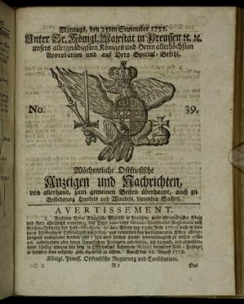 No. 39. Montags, den 25ten September 1752.