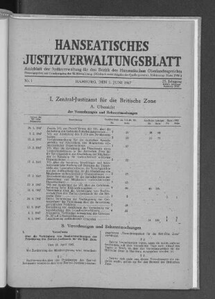 I. Zentral=Justizamt für die Britische Zone