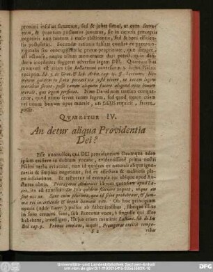 Quaeritur IV. An detur aliqua Providentia Dei?