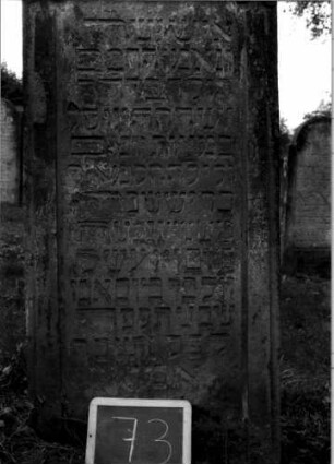 Grabstein 73 (Index: 100107185) Material: Sandstein Zustand: verwittert Maße HxBxT: 143x65x13 cm Beschreibung: Stele, eingezogener Rundbogenabschluß, Schrifttafel rechteckig Symbolik: drei Blüten: Grabstein 73A