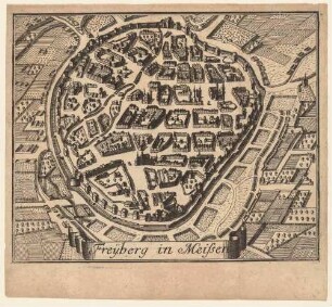 Stadtansicht/Stadtplan von Freiberg in Sachsen aus der Vogelperspektive mit Stadtbefestigung und umgebenden Feldern