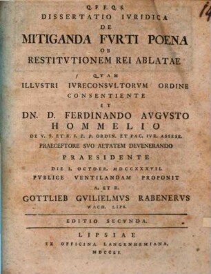 Dissertatio Ivridica De Mitiganda Fvrti Poena Ob Restitvtionem Rei Ablatae