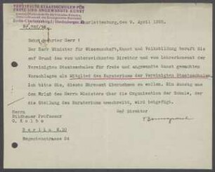 Brief von Bruno Paul [Vereinigte Staatsschulen für Freie und Angewandte Kunst, Berlin] an Georg Kolbe