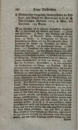 Kurzgefaßte Naturgeschichte der Erdkugel.