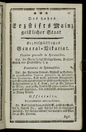 Erzbischöffliches General-Vikariat. - Insignis Collegiata zu St. Peter in Fritzlar.