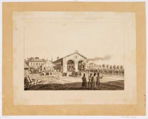 Die Ankunftshalle des Leipziger Bahnhofes zwischen der Leipziger Straße und der Eisenbahnstraße, 1839 eingeweiht, Blick nach Süden