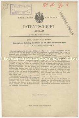 Patentschrift über eine Neuerung in der Verbindung des Rahmens und der Achsen bei federlosen Wagen, Patent-Nr. 29483