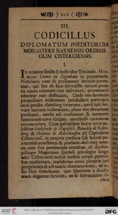 III. Condicillus diplomatum ineditorum monasterii haynensis ordinis olim cisterciensis