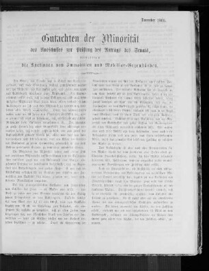 Gutachten der Minorität des Ausschusses zur Prüfung des Antrags des Senats, betreffend die Auktionen von Immobilien und Mobiliar-Gegenständen. Dezember 1860