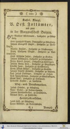 Kaiserl. Königl. V. Oest. Zollämter, und zwar in der Marggraffschaft Burgau.