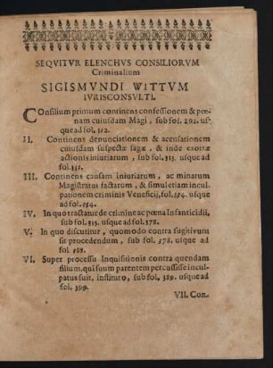 Sequitur Elenchus Consiliorum Criminalium Sigismundi Wittum Iurisconsulti.