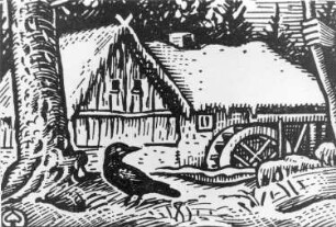 Hoyerswerda-Schwarzkollm. Teufelsmühle und Krabat, Illustration, Ausschnitt, aus: Sage von Meister Krabat, Martin Nowak-Neumann 1954