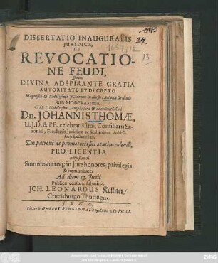 Dissertatio Inauguralis Iuridica, De Revocatione Feudi
