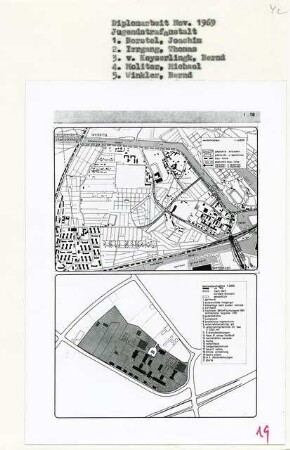 Jugendstrafanstalt, Berlin-Charlottenburg (Diplomarbeit bei Werner Düttmann): Verkehrsplan 1:4000 und Plan Bestandsaufnahme 1:2000