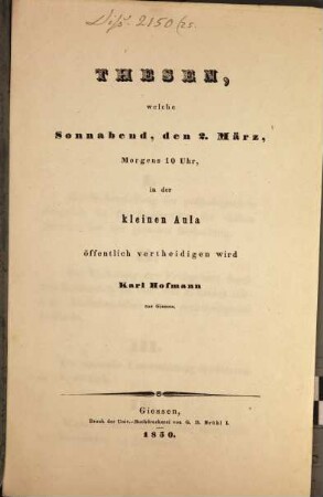 Thesen, welche ... d. 2. März ... öff. vertheidigen wird Carl Hofmann