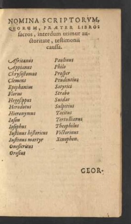 Nomina Scriptorvm, Quorum, Praeter Libros sacros, interdum utimur auctoritate, testimonii caussa.