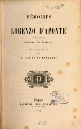 Mémoires de Lorenzo da Ponte collaborateur de Mozart traduits de l‛Italien par M. C. D. de la Chavanne