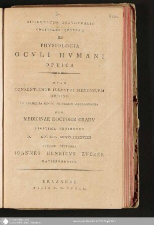 Dissertatio Inavgvralis Continens Qvaedam De Physiologia Oculi Hvmani Optica