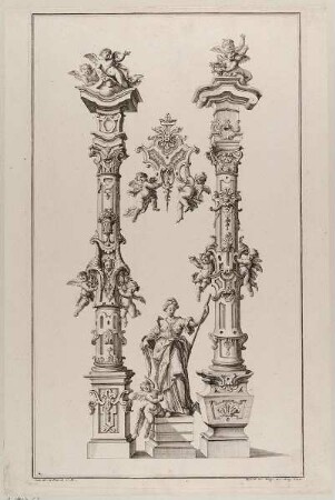 Zwei Säulen mit zahlreichen Ornamenten, Blatt 2 aus der Folge "Gantz Neu sehr nützl. Säulen und andern Ornamenten"