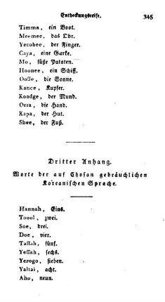 Dritter Anhang - Worte der auf Chosan gebräuchlichen Koreanischen Sprache