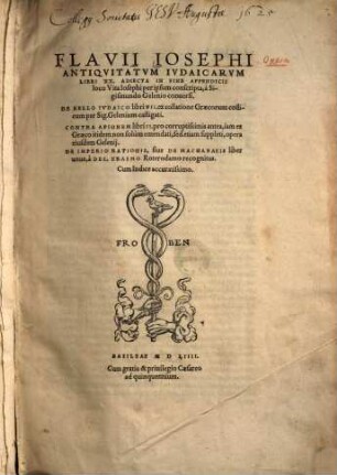 Flavii Josephi Antiqvitatvm Ivdaicarvm Libri XX : Adiecta in fine appendicis loco Vita Josephi per ipsium conscripta