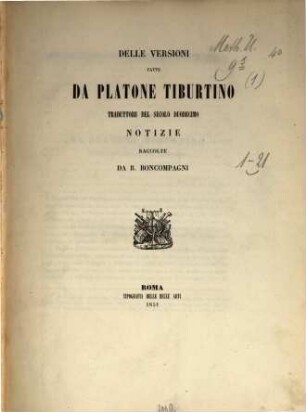 Delle versioni fatte da Platone Tiburtino traduttore del secolo duodecimo