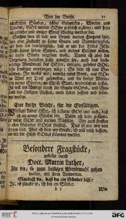 Besondere Fragstuecke, gestellet durch Doct. Martin Luther, fuer die, so zum heiligen Abendmahl gehen wollen, mit ihren Antworten