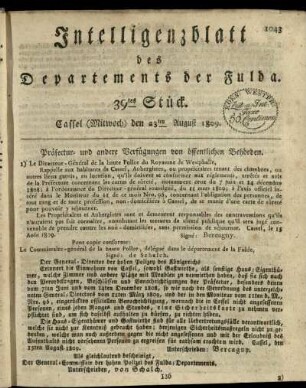 39tes Stueck, (Mitwoch) den 23ten August 1809