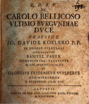 De Carolo Bellicoso Vltimo Bvrgvndiae Dvce
