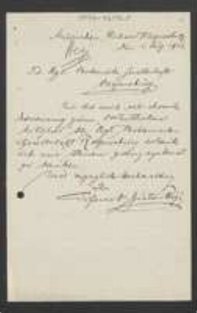 Brief von Gustav Hegi an Regensburgische Botanische Gesellschaft