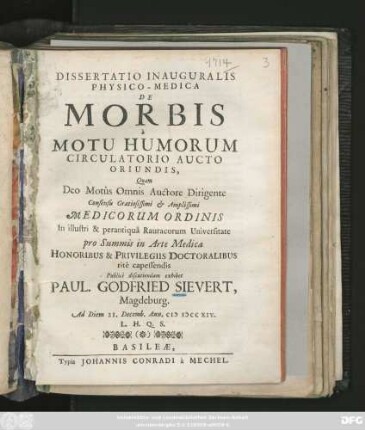 Dissertatio Inauguralis Physico-Medica De Morbis à Motu Humorum Circulatorio Aucto Oriundis : Ad Diem 21. Decemb. Ann. MDCCXIV. ...