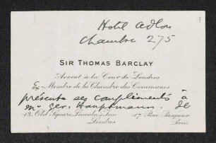 Brief von Thomas Barclay an Margarete Hauptmann