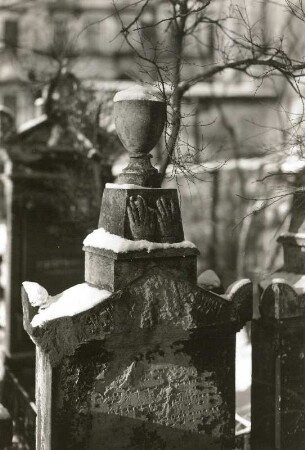 Alter Jüdischer Friedhof : Dresden-Neustadt, Pulsnitzer Straße. Alter jüdischer Friedhof. Oberer Teil des Grabsteines von ... Mendel Cohn. Ansicht mit Urne und den segnenden Händen als Sinnbild des Stammes Cauhen (C... = Priester)