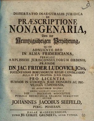 Dissertatio Inauguralis Juridica De Praescriptione Nonagenaria, Von der Neuntzigjährigen Verjährung