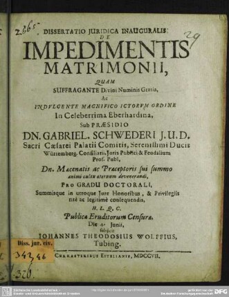Dissertatio Iuridica Inauguralis: De Impedimentis Matrimonii
