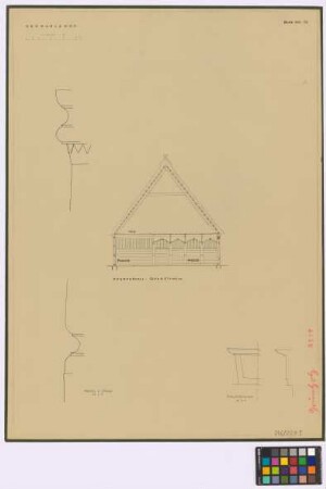 [Sterup([Landkreis Flensburg-Land])]: Grünholzhof. - Pferdestall (Querschnitt). - Säule (zwei Profile). - Schlusssteinchen (zwei Profile)