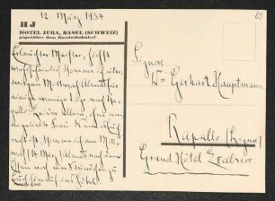 Brief von Herbert Eulenberg an Gerhart Hauptmann