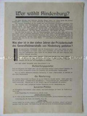 Wahlaufruf der NSDAP zur Reichspräsidentenwahl 1932 mit Bilanz der Präsidentschaft Hindenburgs