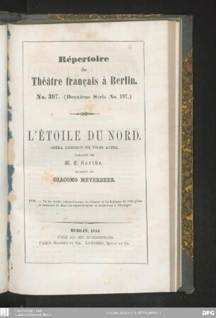 L' Étoile du nord : opéra comique en trois actes