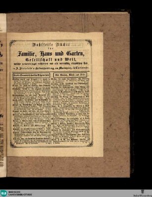 Karlsruher Tagblatt, Wohlfeile Bücher für Familie, Haus und Garten, Gesellschaft und Welt, welche neuerdings erschienen und als vorräthig einzusehen sind...