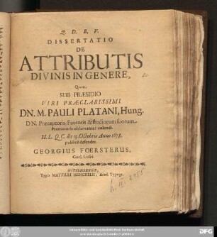 Dissertatio De Attributis Divinis in Genere