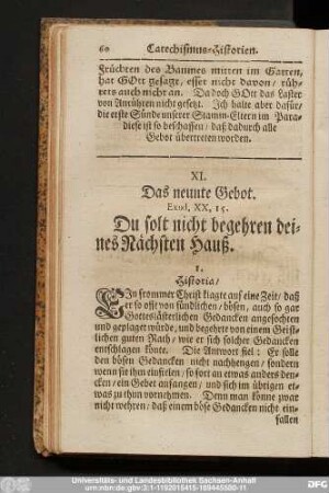 XI. Das neunte Gebot. Exod. XX, 15. Du solt nicht begehren deines Nächsten Hauß.