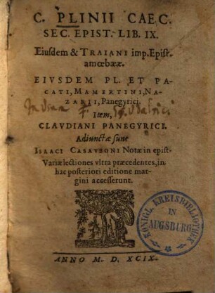 C. Plinii Caec. Sec. Epist. Lib. IX.