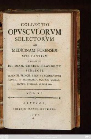 Vol. 6: Collectio Opvscvlorvm Selectorvm Ad Medicinam Forensem Spectantivm