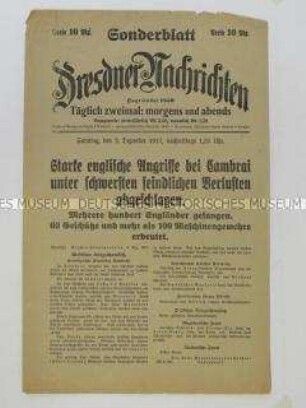 Nachrichtenblatt der Tageszeitung "Dresdner Nachrichten" zum Fortgang der Kämpfe um Cambrais