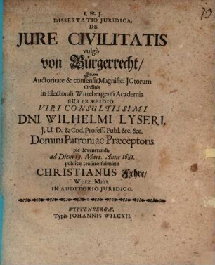 Diss. iur. de iure civilitatis, vulgo von Bürgerrecht