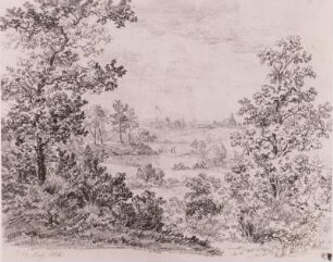 Landschaft mit Ausblick auf eine Stadt